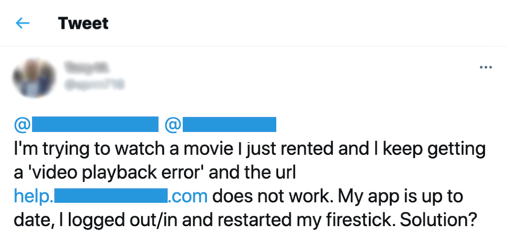 Image of tweet complaining about 'video playback error'