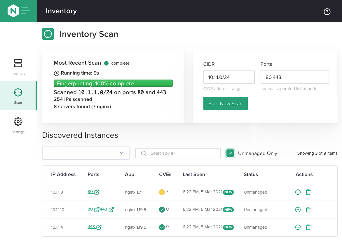 'Inventory Scan' tab in NGINX Instance Manager