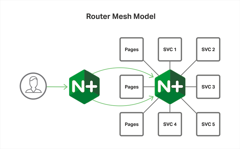 In the Router Mesh Model of the Microservices Reference Architecture from NGINX, NGINX Plus runs on each server to load balance the microservices running there, and also on frontend servers to reverse proxy and load balance traffic to the application servers with service discovery