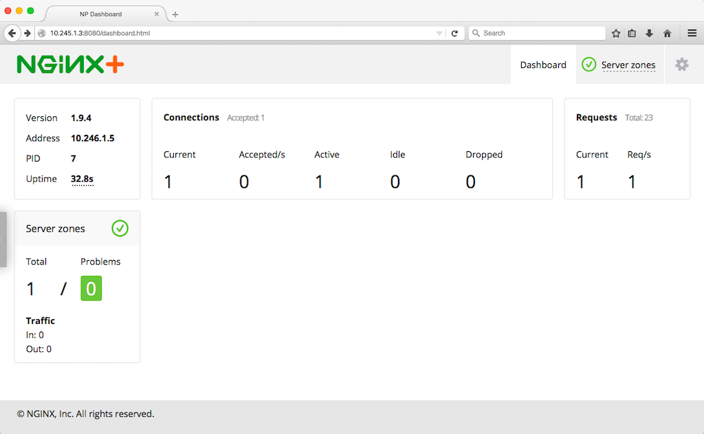 The NGINX Plus live activity monitoring dashboard before we create the Kubernetes services