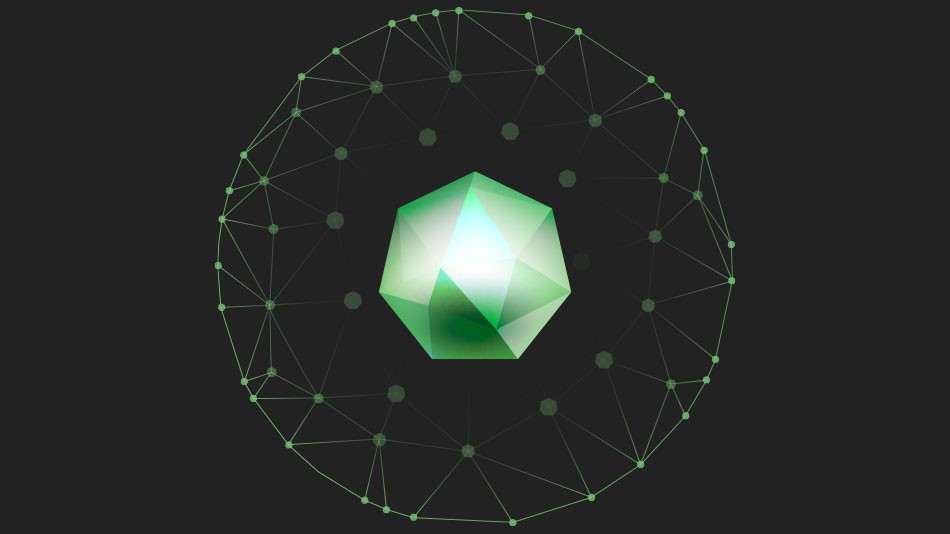 Dodecahedron surrounded by lines representing a network